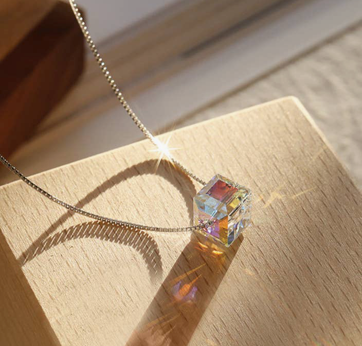 Rainbow Iridescent Sugar Cube Square Swarovski Crystal Necklace in 925 Sterling Silver