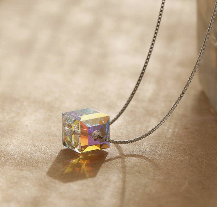 Rainbow Iridescent Sugar Cube Square Swarovski Crystal Necklace in 925 Sterling Silver