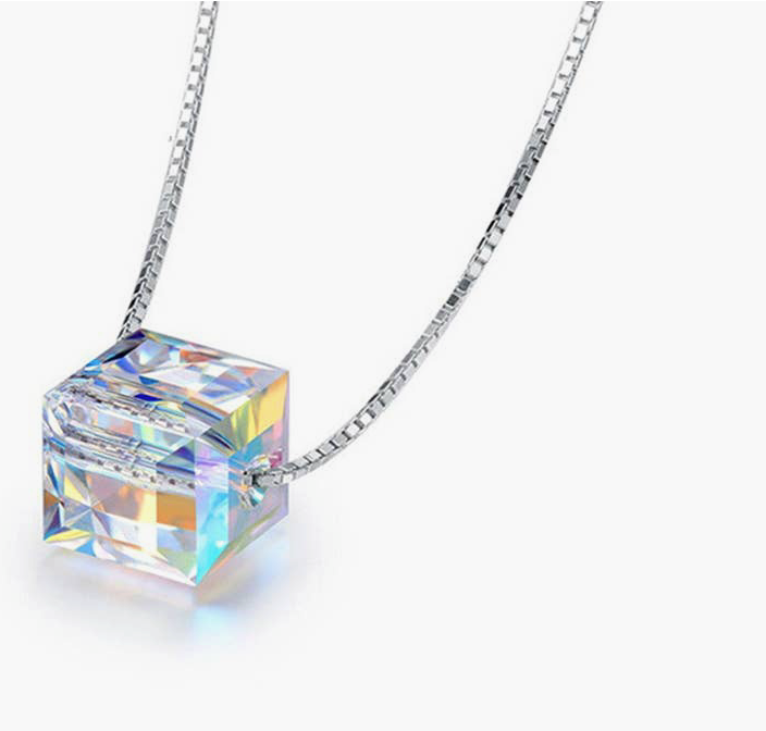 Rainbow Iridescent Sugar Cube Square Swarovski Crystal Necklace in 925 Sterling Silver