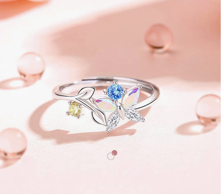 Dainty Colorful Butterfly Leaf in 925 Sterling Silver Ring