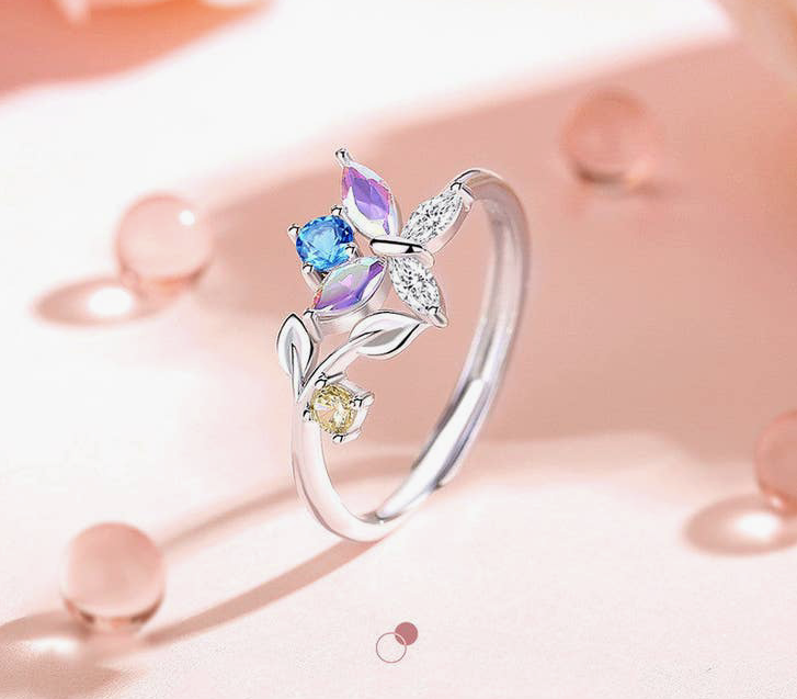 Dainty Colorful Butterfly Leaf in 925 Sterling Silver Ring