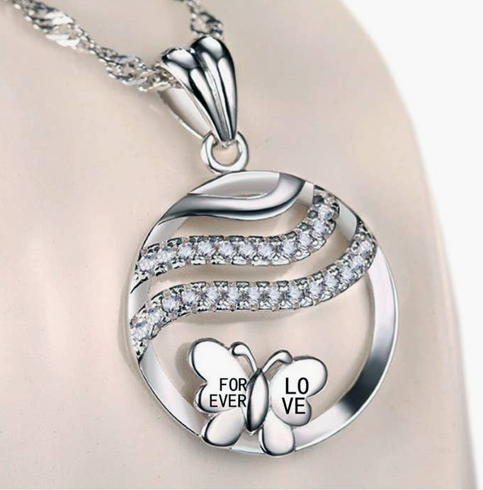 EM 18k White Gold Plated CZ Diamond Butterfly Necklace