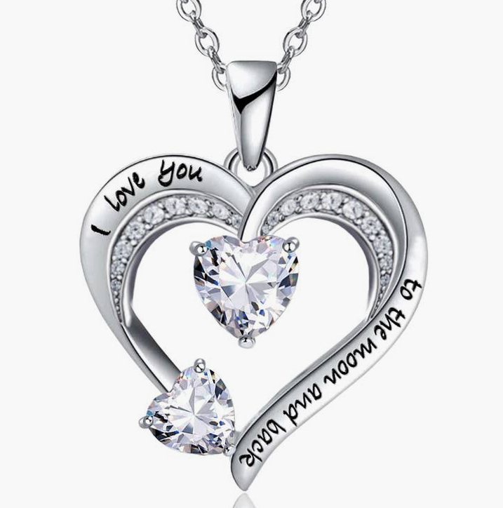 EM White Gold Filled Heart CZ Diamond Engraved Heart Necklace
