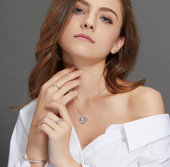 EM White Gold Filled Heart CZ Diamond Engraved Heart Necklace