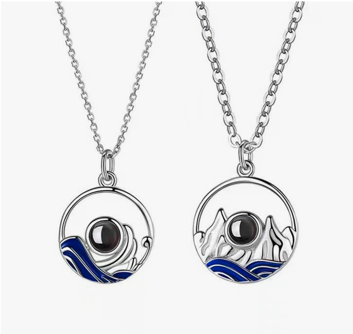 Mountain Ocean Couple Projection Necklace in 925 Silver