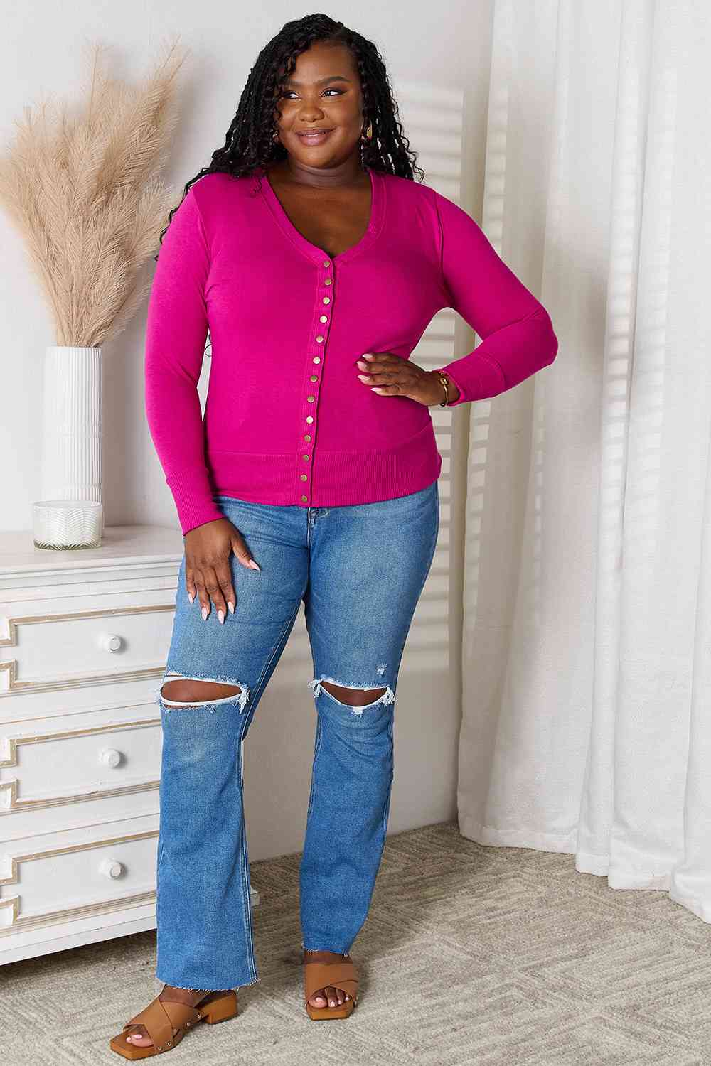 Zenana Full Size V Neck Long Sleeve Cardigan