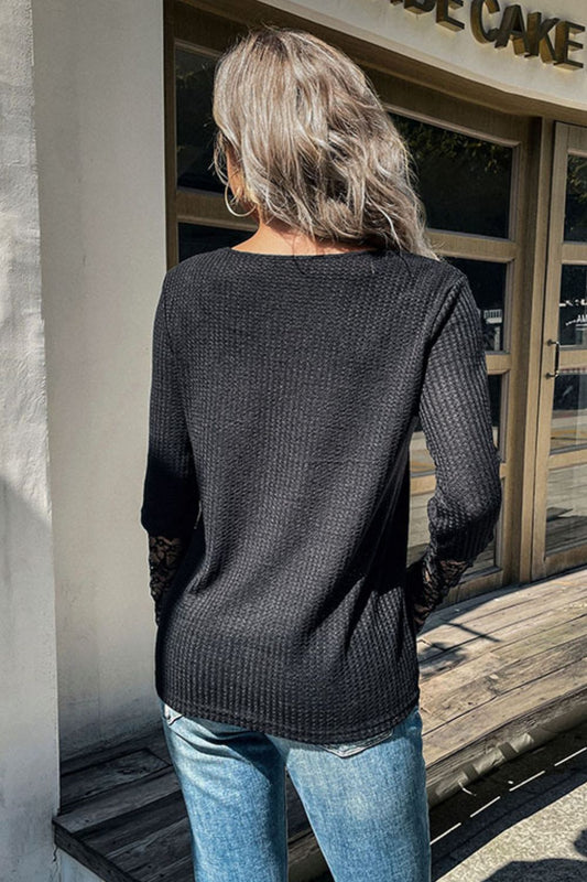 Ladies Top  Half Button Spliced Lace Waffle Knit