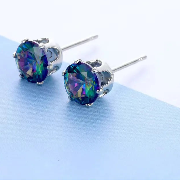 6.5 mm Cubic Zirconia Blue Oil Spill Multicolor Stud Post  Earrings   ( preorder)