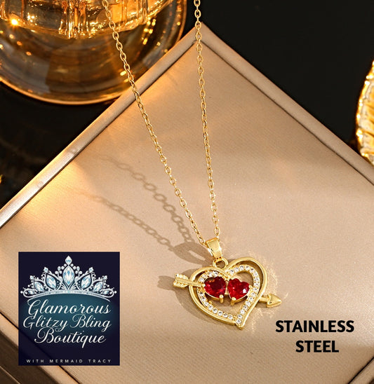 "Cupid Valentine" Double Heart Red 14K Gold Stainless Steel Necklace