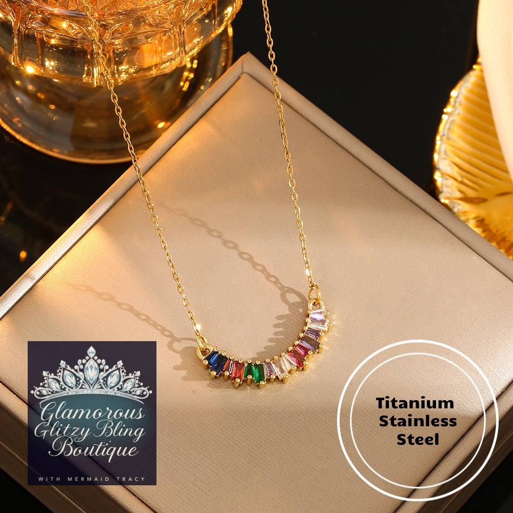 "Rainbow Charmer" Cubic Zirconia 14K Gold Titanium Stainless Steel Necklace