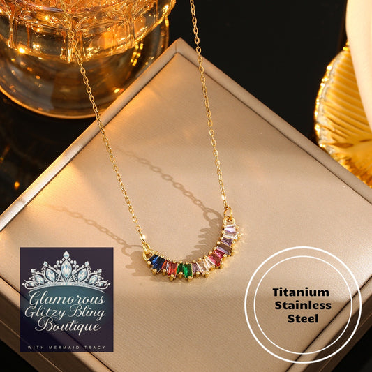 "Rainbow Charmer" Cubic Zirconia 14K Gold Titanium Stainless Steel Necklace