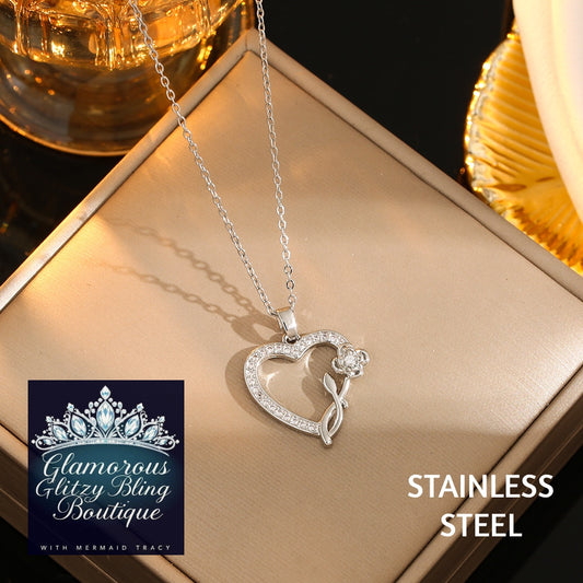 "Rose on Your Heart" 14k White Gold Cubic Zirconia Titanium Stainless Steel Pendant Necklace
