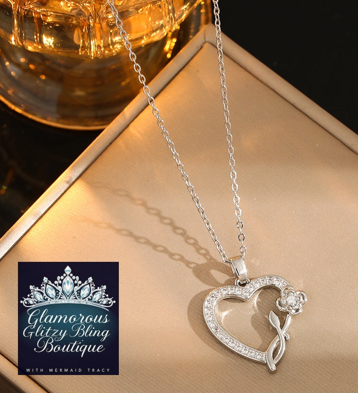 "Rose on Your Heart" 14k White Gold Cubic Zirconia Titanium Stainless Steel Pendant Necklace
