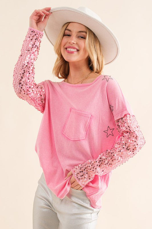 Star Printed Shoulder Sequin SLV  Top