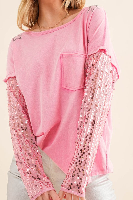 Star Printed Shoulder Sequin SLV  Top