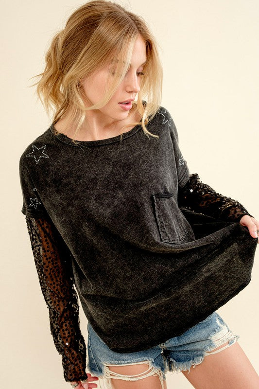 Star Printed Shoulder Sequin SLV  Top