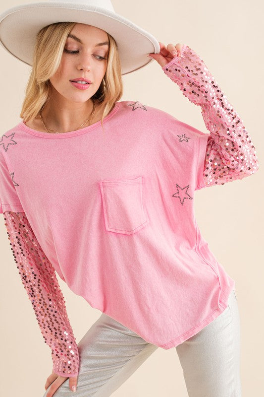 Star Printed Shoulder Sequin SLV  Top