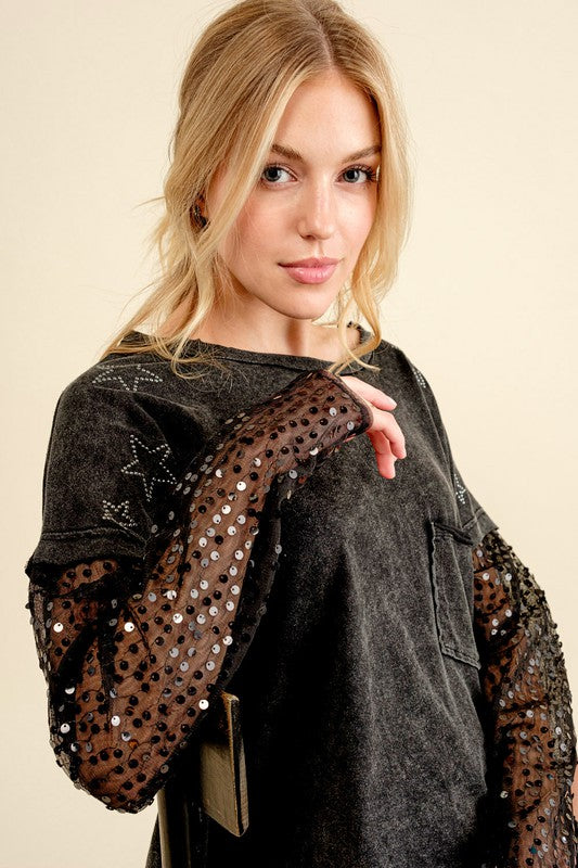 Star Printed Shoulder Sequin SLV  Top