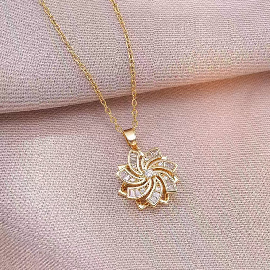 "Flower in Wind" Cubic Zirconia 18K Gold Spinner Titanium Stainless Steel Necklace