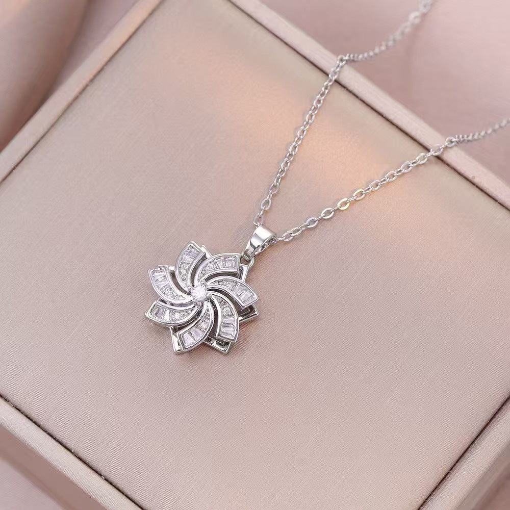 "Flower in Wind" Cubic Zirconia 18K Gold Spinner Titanium Stainless Steel Necklace