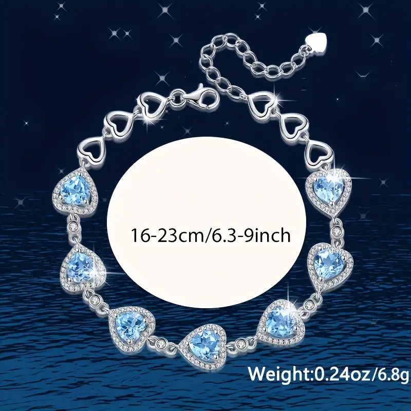 S925 💙Ocean Heart  💙  Blue Aquamarine Blue Topaz & White Cubic Zirconia Tennis  Bracelet