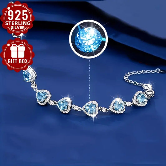 S925 💙Ocean Heart  💙  Blue Aquamarine Blue Topaz & White Cubic Zirconia Tennis  Bracelet