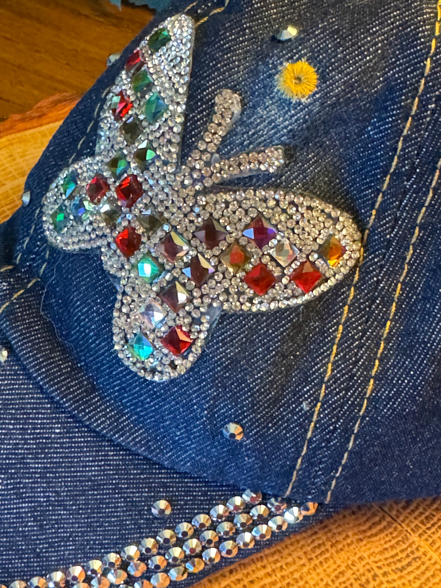 Butterfly Bling Blue  Denim Multicolor Baseball Hat Cap