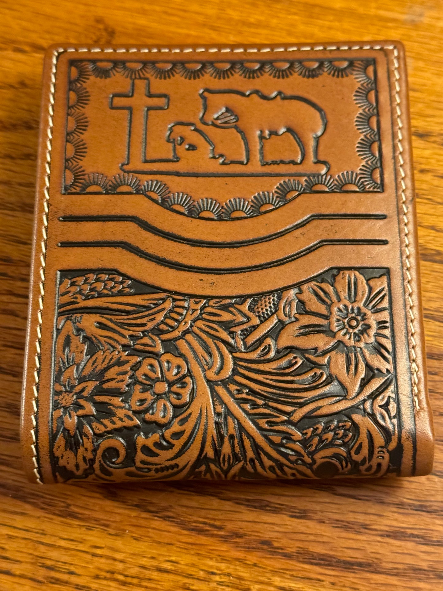 Cowboy Cross Themed Mens Hand-tooled Leather Bifold Wallet
