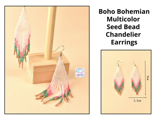 Multicolor Boho Bohemian Glass Seed Bead Chandelier  Earrings