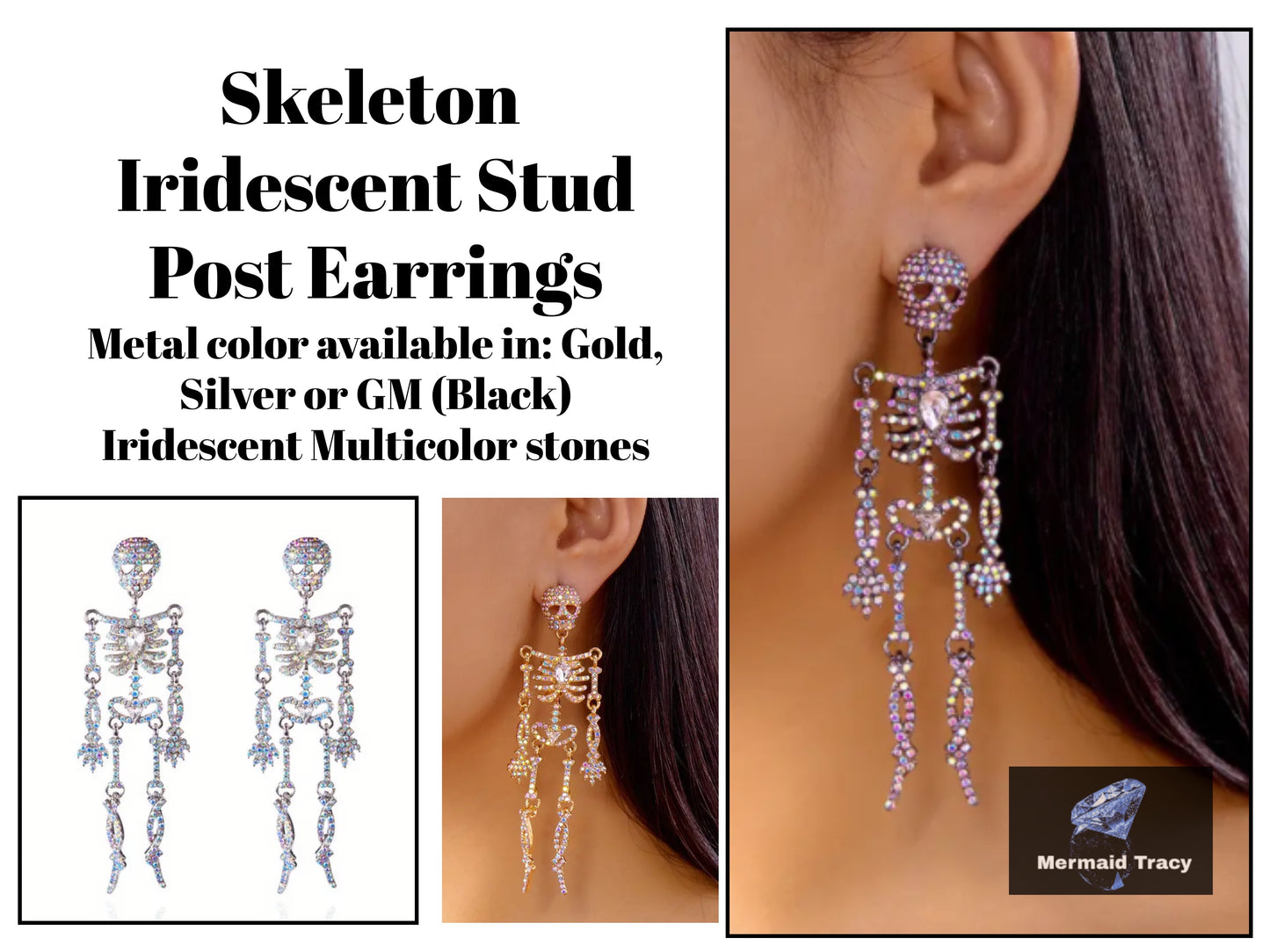 Bling Halloween Iridescent  Skeleton Post Back Earrings