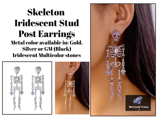 Bling Halloween Iridescent  Skeleton Post Back Earrings