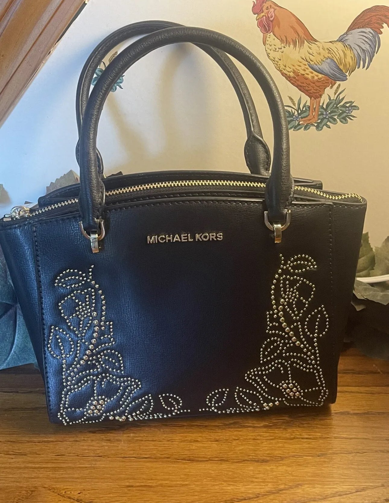 Michael Kors Ellis Satchel Black Leather w/Gold Stud FLORAL Design Handbag NWT