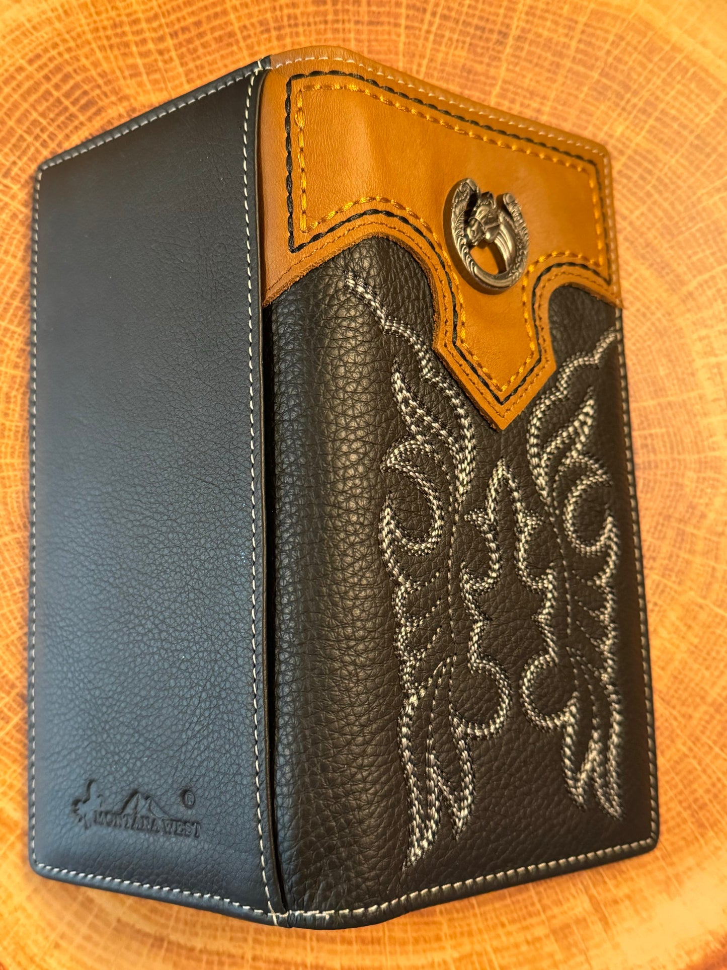 Ladies Mens  Hand-tooled Leather Bifold Checkbook Wallet ~ Black