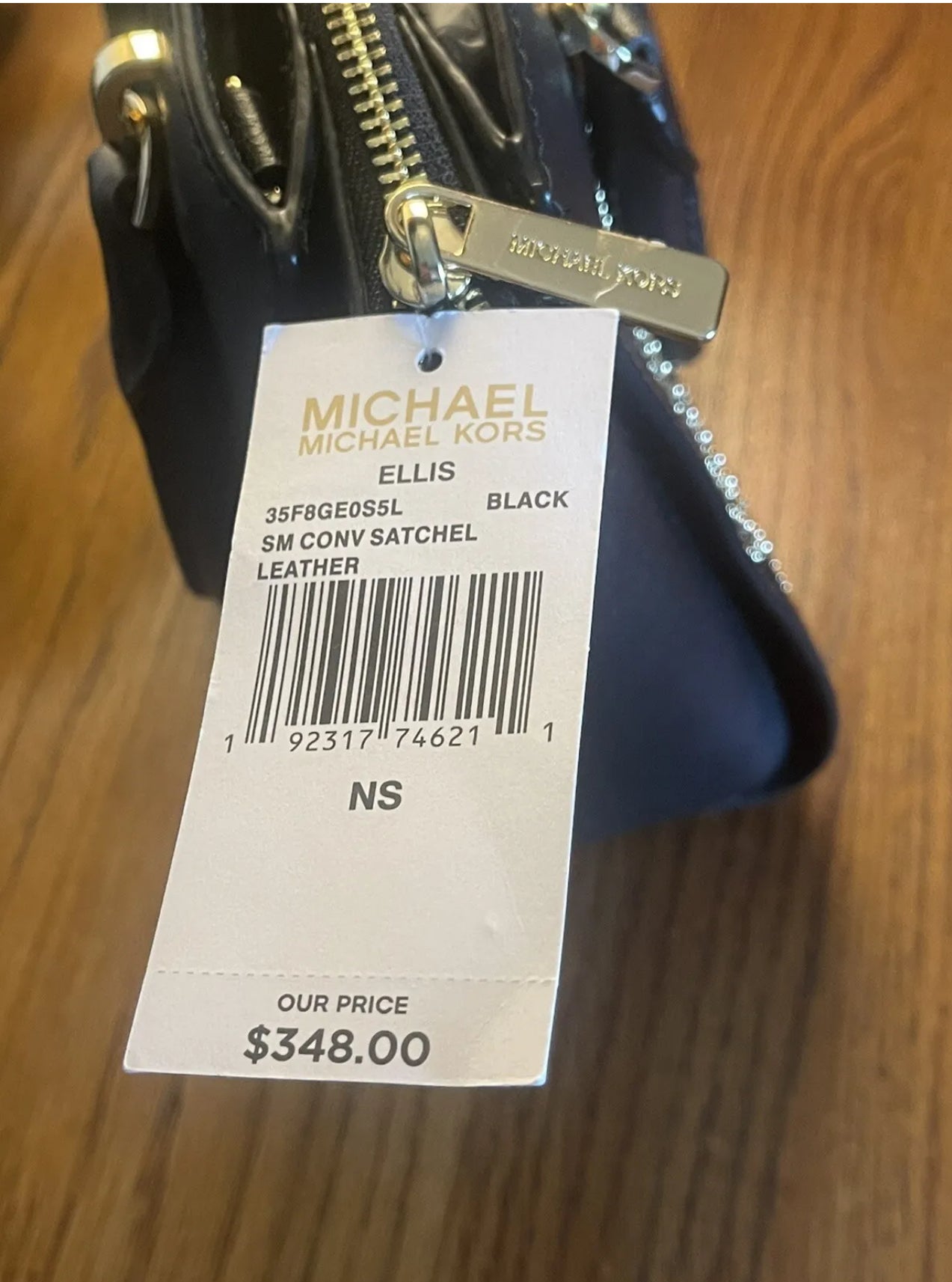 Michael Kors Ellis Satchel Black Leather w/Gold Stud FLORAL Design Handbag NWT