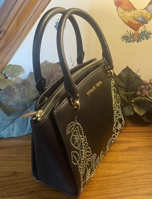 Michael Kors Ellis Satchel Black Leather w/Gold Stud FLORAL Design Handbag NWT