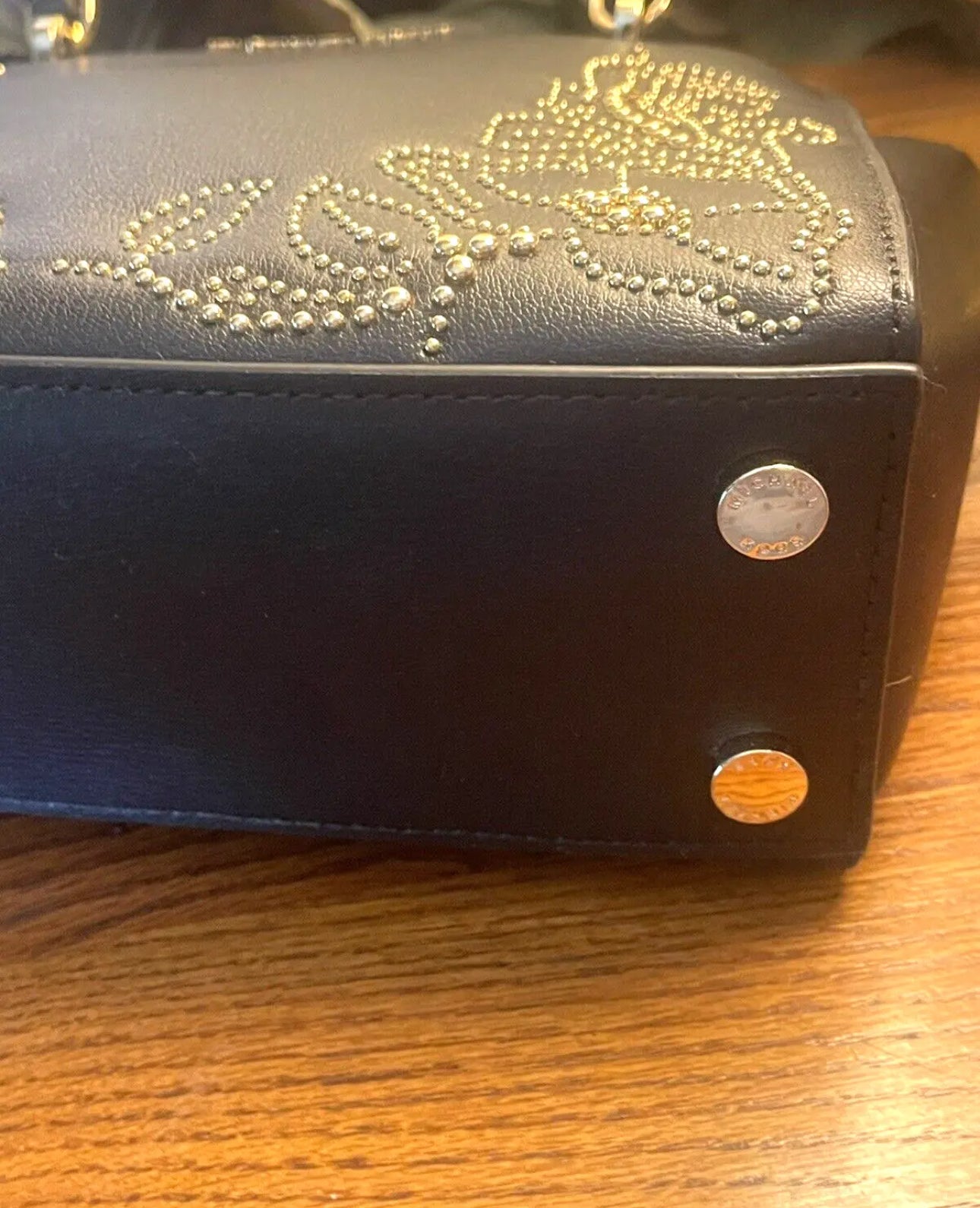 Michael Kors Ellis Satchel Black Leather w/Gold Stud FLORAL Design Handbag NWT