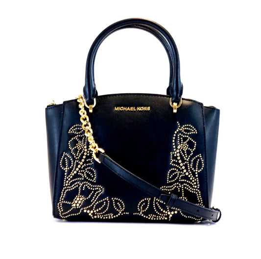Michael Kors Ellis Satchel Black Leather w/Gold Stud FLORAL Design Handbag NWT