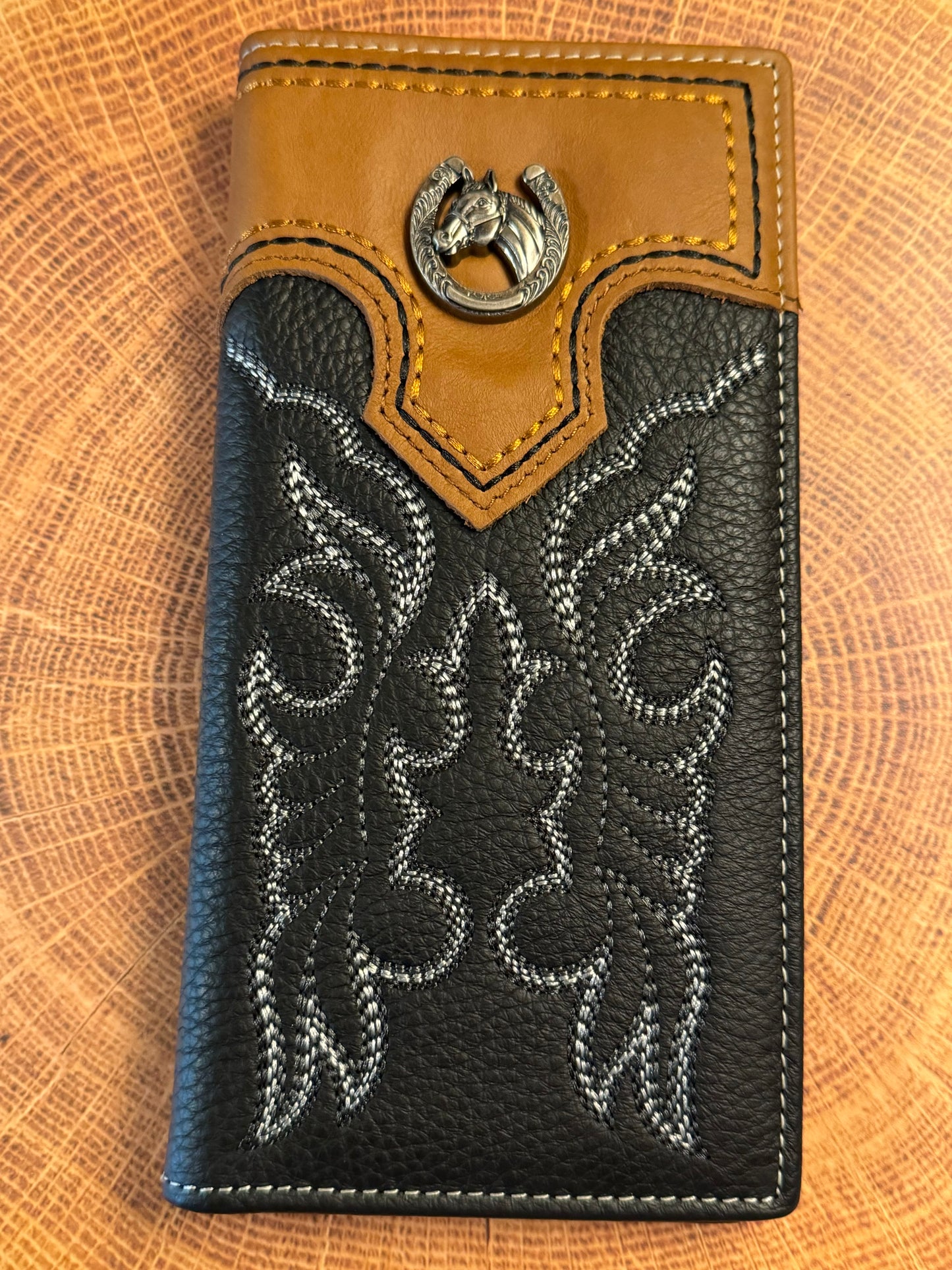 Ladies Mens  Hand-tooled Leather Bifold Checkbook Wallet ~ Black
