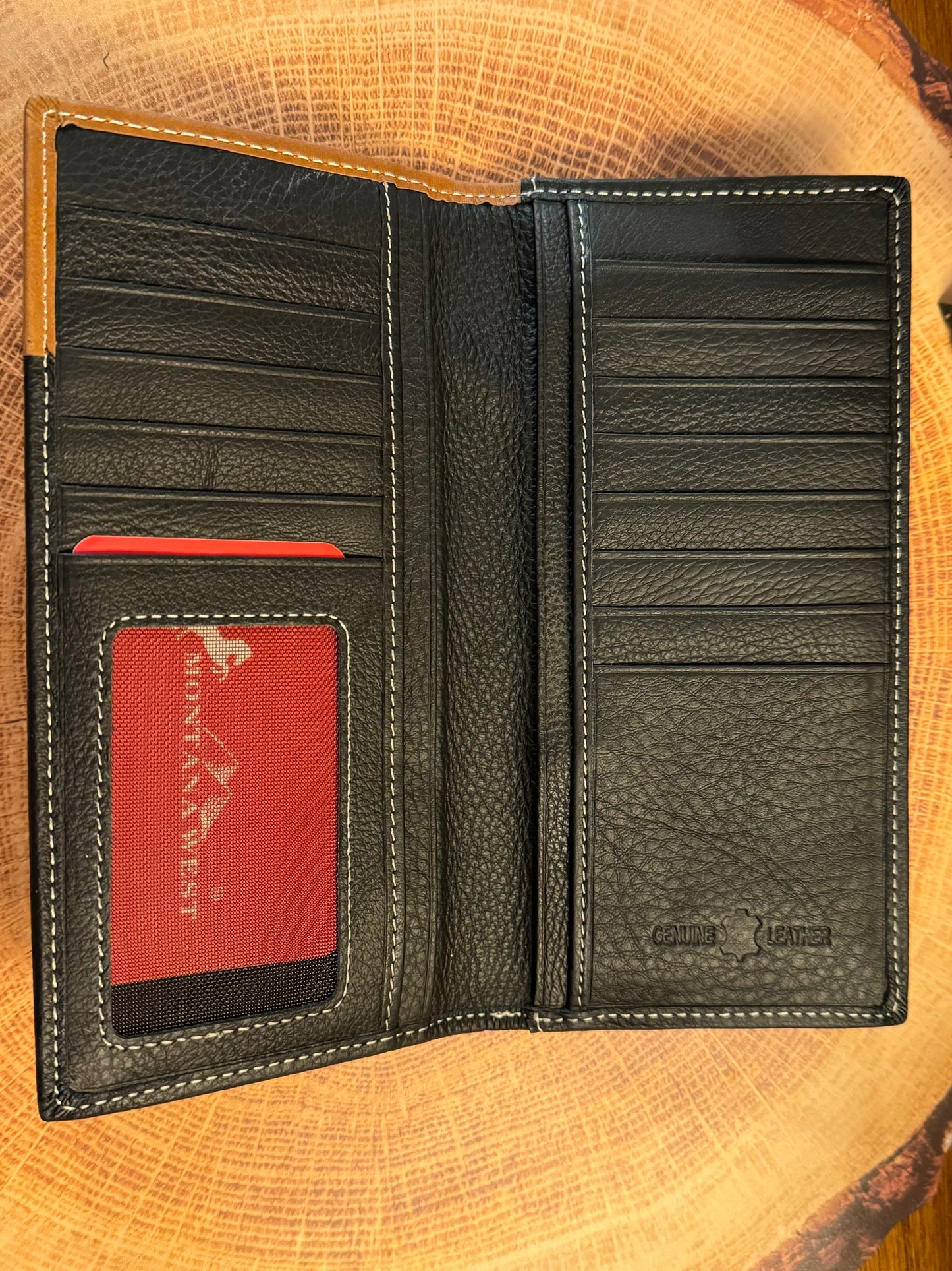 Ladies Mens  Hand-tooled Leather Bifold Checkbook Wallet ~ Black