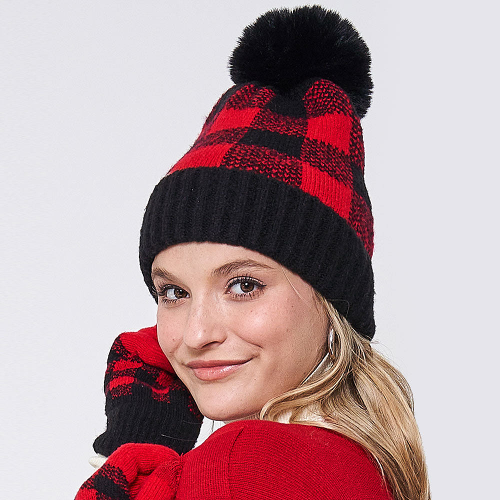 Red Buffalo Check Pattern Pom Pom  Beanie Hat