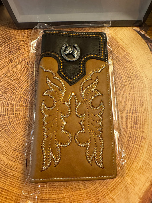 Ladies Mens  Hand-tooled Leather Bifold Checkbook Wallet ~ Brown