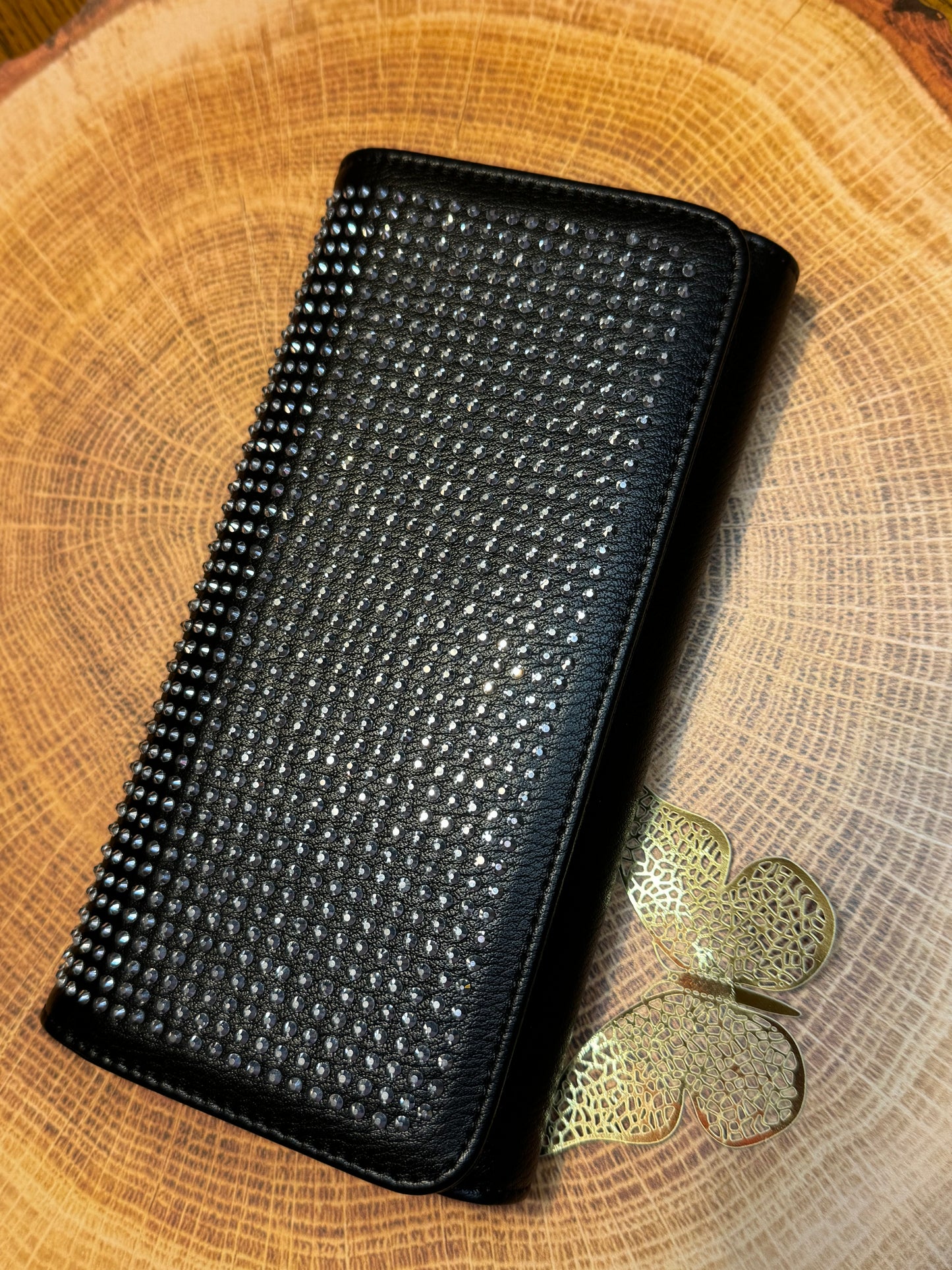 Black Dazzling with White Crystals Classic Crossbody Wallet