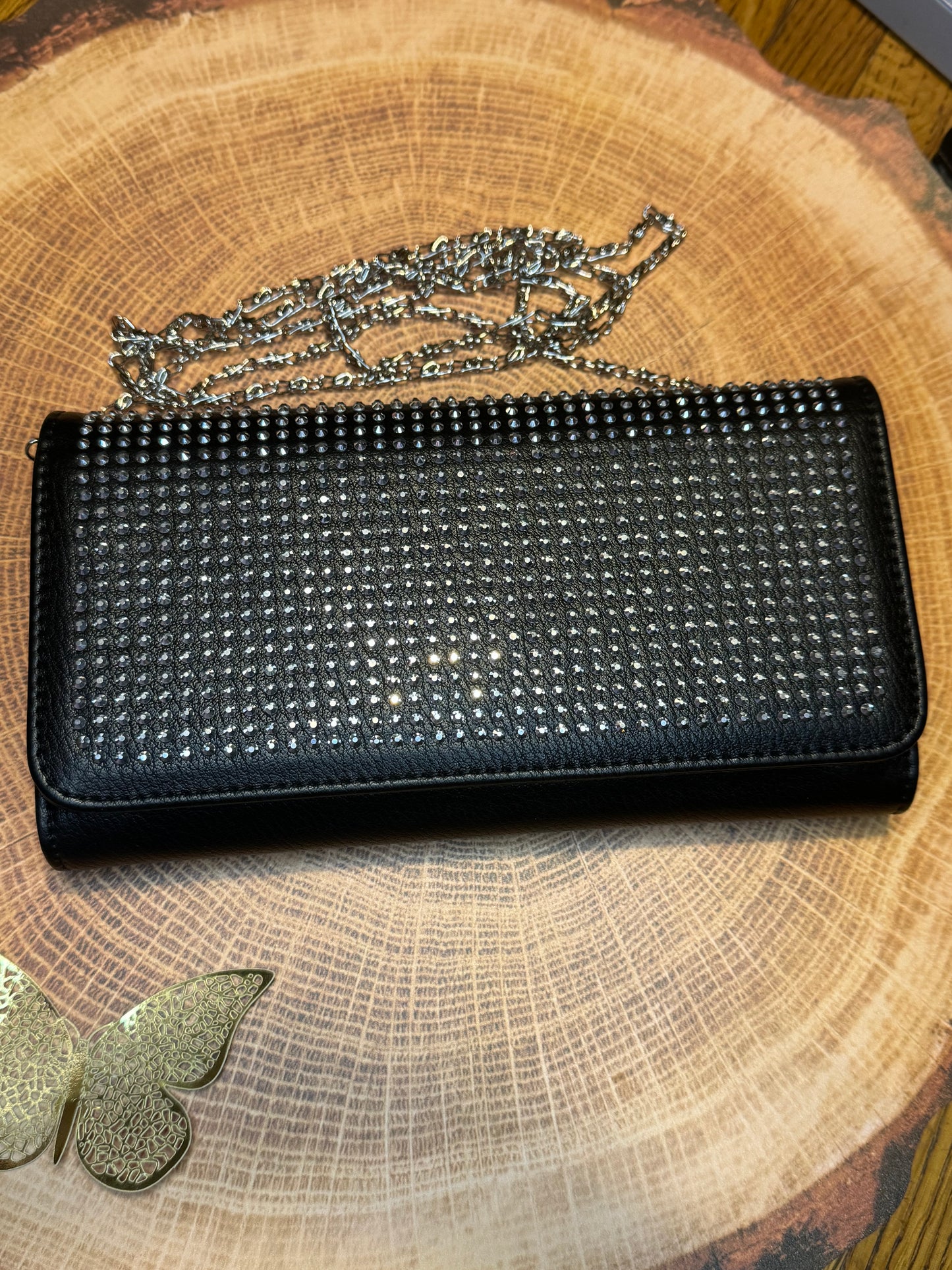 Black Dazzling with White Crystals Classic Crossbody Wallet