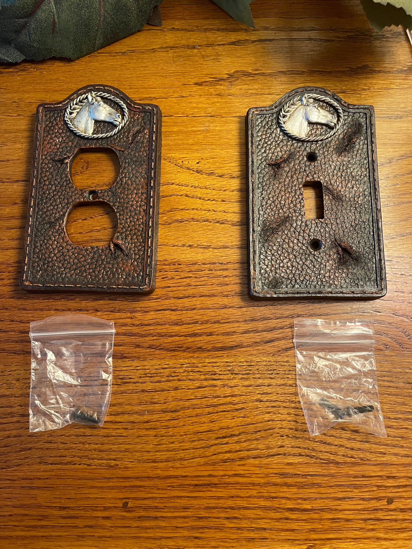 Western Horse Light Switch Plate Covers  Stitched Faux Leather Look Silver Rope