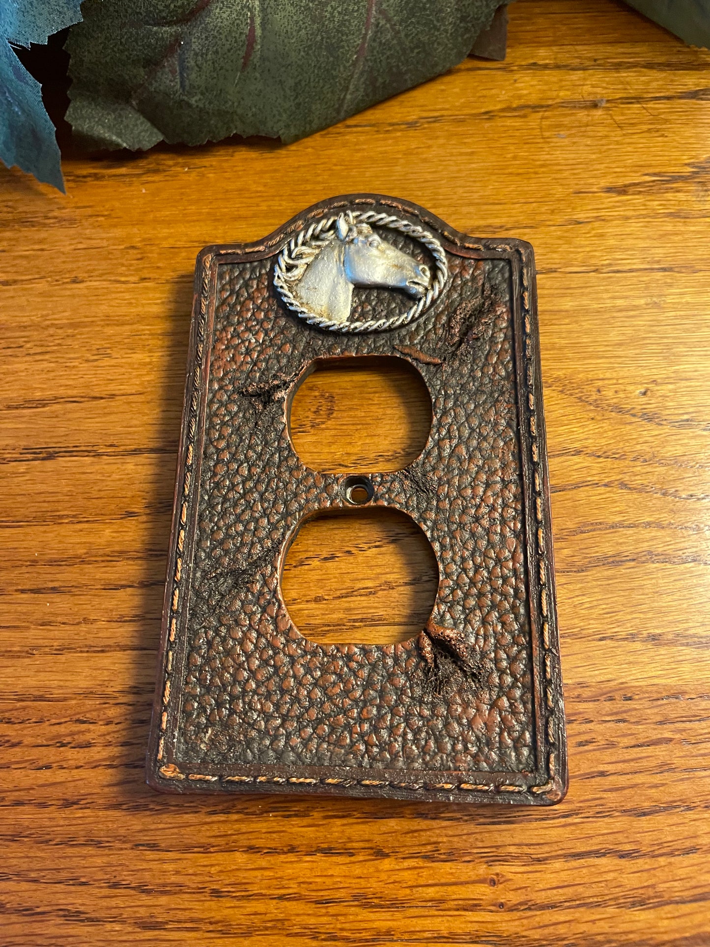 Western Horse Light Switch Plate Covers  Stitched Faux Leather Look Silver Rope