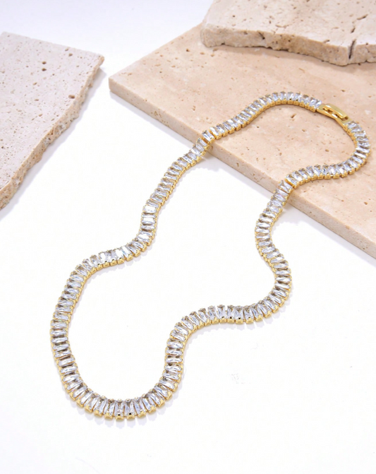 CUBIC ZIRCONIA EMERALD CUT FINE GOLD TITANIUM STAINLESS STEEL CHOKER  NECKLACE  ~  15.7"
