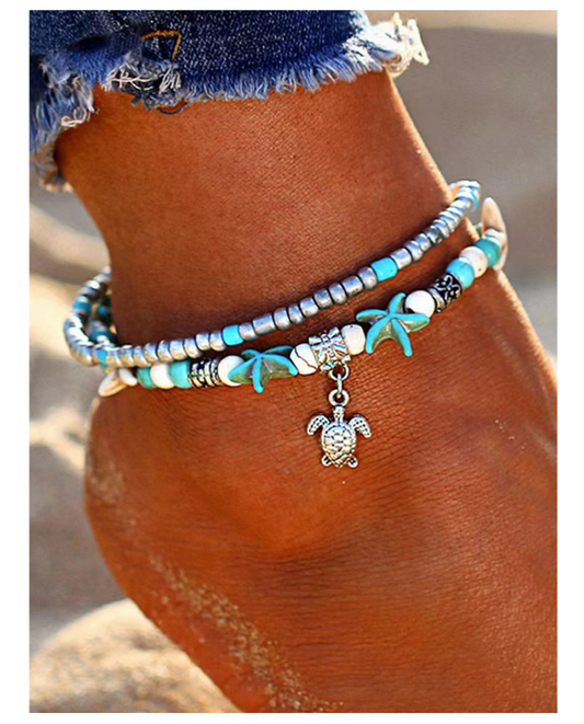 Beach Starfish Turtle Charm Beaded Ankle Bracelet
