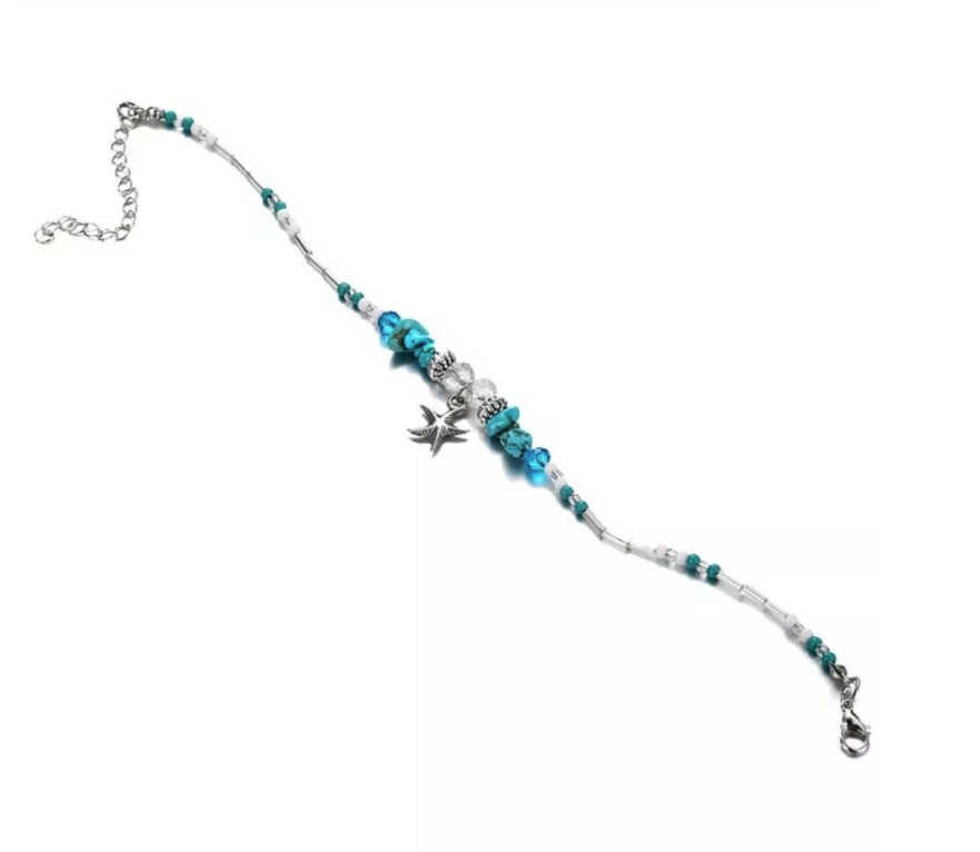 Starfish Hunt Charm Blue Turquoise Crackle Stone with Beads Ankle  Bracelet