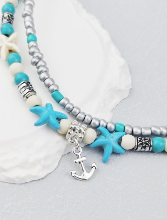 Anchor Charm Blue Turquoise Crackle Stone with Beads Ankle  Bracelet