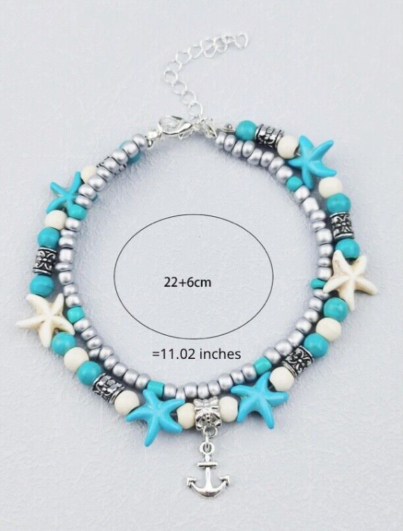 Anchor Charm Blue Turquoise Crackle Stone with Beads Ankle  Bracelet